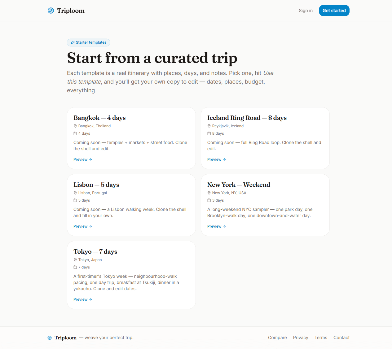 Troomly templates index page listing five starter trips: Bangkok, Iceland Ring Road, Lisbon, New York, and Tokyo.