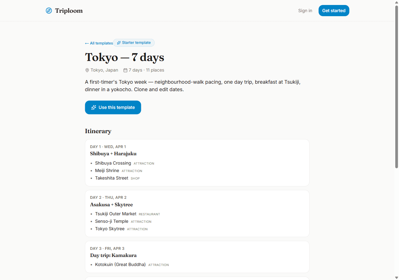 Tokyo — 7 days template page on desktop, showing the day-by-day itinerary with places like Shibuya Crossing, Meiji Shrine, and Senso-ji Temple.