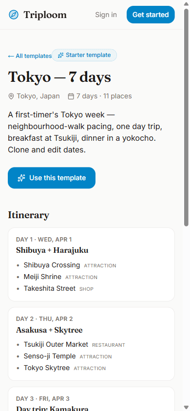 Same Tokyo template page on mobile — single-column itinerary tuned for one-thumb scrolling.
